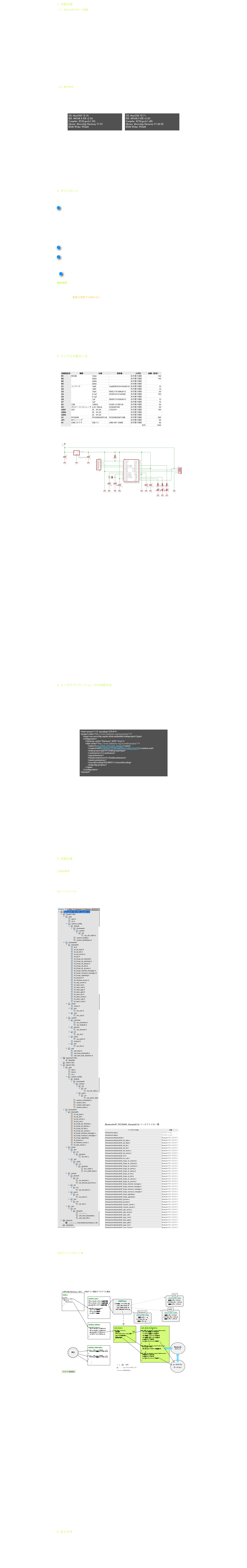 1. 外部仕様
（１）Bluetoothサポート概要
　仕様準拠　　　　　　　：Bluetooth バージョン4.0のペリフェラル機能の一部（BR/EDR + LE）
　デバイス検索機能　　　：検出可能なデバイスとなります、デバイスを探す事はできません（Scan enable、Advertise）
　サービス情報照会機能　：SDP (Service Discovery Protocol) およびATT (Attribute protocol) の情報提供機能のみ
　　　　　　　　　　　　　相手のサービスを検索する事はできません
　認証・暗号化機能　　　：あり（V0.3fから）
　　　　　　　　　　　　　設定の変更で、暗号化・認証を要求するようになります
　　　　　　　　　　　　　認証機能はパスキー入力などのサブルーチンをアプリケーション側に用意する必要が有ります
　　　　　　　　　　　　　LEのプライバシー機能は、ランダムデバイスアドレスの受け入れ（チェック）のみ可能
　　　　　　　　　　　　　SecurityManager/ATTのデータ署名機能はありません
　　　　　　　　　　　　　キーは電源が切れたら消失します
　誤り検出、再送機能　　：なし
　仮想シリアル通信　　　：RFCOMMでコネクション待ち
　アトリビュート照会機能：ATTで小物内データの検索および更新機能、通知機能あり(Notify,Indicate)
　　　　　　　　　　　　　相手のATTデータにアクセスする機能はありません
　音声系機能　　　　　　：なし

（２）動作条件
　対応CPU：PIC32MX250F128以上
　Bluetoothドングル：市販品はおおむね使用可能
　多重動作：マルチタスク不可
　複数インスタンス：複数のドングル接続は未対応　開発環境
￼　￼
　参考情報：
　　使用メモリ量:
　　　プログラム領域:（USBスタック、Cライブラリ等全て含んだサイズ、コンパイラ最適化は-O1）
　　　　　バージョン0.3b: 約68kB
　　　　　バージョン0.3c: 約66kB
　　　データ領域:（スタックを除く）
　　　　　バージョン0.3b: 静的領域=7.2kB ヒープ領域=約8kB
　　　　　バージョン0.3c: 静的領域=9.1kB ヒープ領域=約6kB
　　消費電流：
　　　33mA前後（サンプル回路全体、ドングル7mA、その他26mA、 CPUコアクロック40MHz）


2. ダウンロード

MPLAB X プロジェクトファイル：
　スタック本体と、サンプルプログラムが含まれます。
￼「Bluetooth4P_PIC32MX_Sample0.3j.zip」 (1.1MB)　バージョン0.3j　2017.2.24
　アドバタイズメッセージを自由に設定可能にした
　環境設定ファイルbt_config.hを追加し、ユーザとスタックのソースファイルの分離を推進
　サンプルファイルを心拍計／体温計（認証付）／独自サービスの３種類を用意
　動的にアドバタイズをオン・オフ、強制的にディスコネクトできるAPIを追加
　16ビットUUIDに対応（ATTとアドバタイズ）
　LEの暗号化・認証機能を追加
　BR/EDR（クラッシク機能）の暗号化・認証機能を再設計
　BR/EDRのシグナリング状態遷移を真面目に実装
￼「Bluetooth4P_PIC32MX_Sample0.3c+.zip」 (1.7MB)　バージョン0.3c+　2016.2.28 
　Harmony v1.06対応、バグ対応、SecurityManager削除。
￼「Bluetooth4P_PIC32MX_Sample0.3b.zip」 (2MB)　バージョン0.3b　2015.5.3
　Harmony v1.01対応、bt_init(),bt_process()を削除、bt_att_data.[ch]を追加

Eagle6.5 回路図データ：
　￼「PIC32MXtest.zip」 (147kB)　2015.2.26 VUSB間違っていましたので修正してあります

権利関係
GPL v3に準じます。
Bluetooth仕様の情報源については、次の公開情報を元にしています。私の英語読解力の問題があり、誤解の可能性が高いので、重要な場面では使わないようにして下さい。
●BLUETOOTH SPECIFICATION Version 4.0
 Bluetooth SIG 開発者向けサイトdeveloper.bluetooth.orgの公式仕様書
●ETSI TS 101 369 V6.3.0 (1999-03) Technical Specification
    (GSM 07.10 version 6.3.0 Release 1997)
 European Telecommunications Standards Institute
 RFCOMM仕様で参照されているドキュメント

以下は0.3cのみ関係ありません。
●Federal Information Processing Standards Publication 197 (FIPS-197)　ADVANCED ENCRYPTION STANDARD (AES)　　Rijndael Algorithm: http://csrc.nist.gov/archive/aes/rijndael/wsdindex.html　　Reference source code: rijndael-alg-ref.[ch] rijndael-api-ref.[ch]

サンプルの動かし方

（１）部品を用意
￼

（２）実験回路を組む
￼
普通はブレッドボードが良いでしょう。もちろん ユニバーサル基板だと、なお良いと思います。
安定化したDC5V,100mA以上の電源を用意して下さい。

（３）PCで開発環境を準備
以下のソフトウエアをセットアップしておいて下さい。
　　IDE: MPLAB X IDE　　Compiler: XC32　　Library: Microchip Harmony
バージョンは、出来るだけ指定の物を入手して下さい。MPLAB Xは、古い物しかダウンロード出来ない場合でも、インストール後にMPLAB X内からアップデートする方法があります。プログラマ（書込み器）はPICkit3の前提での手順になります。

（３）MPLAB Xでビルド
・ダウンロードしたプロジェクトファイルは、
　　　　$HOME/Documents/MPLABXProjects
　　のディレクトリを作って、そこに展開して下さい。デフォルトの$HOME/MPLABXProjectsとは違うので注意です。
・MPLABXでOpen Projectし、$HOME/Documents/MPLABXProjects/Bluetooth4P_PIC32MX_Sampleを開く
　開いた時に、何もエラーメッセージが出なければ問題ありません。
・ビルドすると、警告メッセージが出ますが正常です。こんなメッセージbuild log.txtです。
・バージョン条件の相違やプロジェクトディレクトリを変えたい場合は、MPLAB Xで開くとエラーメッセージがたくさん出ますので、一つ一つ潰して行く必要があります。プロジェクトのプロパティ内に設定されている、ファイルパス名等を修正すれば何とかなる物もありますが、ソースファイルの格納場所を再度設定し直す（削除して追加）事を行わないと修正出来ない場合もあり、かなり大変です。Bluetooth4P_PIC32MX_Sample.X/nbproject/configurations.xml と project.xmlのファイルを直に修正するのが近道です。ただ設定が、てんでおかしくなってしまう事もあるので、バックアップを取ってから修正した方が良いでしょう。

（４）MPLAB Xからプログラムを書込み
・PICkit3を接続し、プロジェクトのプロパティで、Hardware ToolがPICkit3になっている事を確認。
・5Vの電源を接続、MPLAB Xで書込みボタンを押す。
・PICkit3の赤ランプが点滅して10秒程で書込み完了する。
・１回目は失敗する事があるので、エラー時はとりあえず再度書込んでみる。

（５）実行
・書込み完了と同時に実行が始まります。
・USBスタックの初期化が済むとLED3が点灯します。（点灯しなければCPU自体が動いていない可能性大）
・USB-Bluetoothドングルを挿入すると、ドングルが正常に認識されればLED1が点灯します。
・Bluetoothドングルに通信ランプが付いている場合は、１秒間隔位で点滅していれば、ほぼOK。

詳しい事はSTM32版の「3. サンプルの動かし方」参照して下さい。


4. ユーザアプリケーションでの利用方法

（１）ユーザアプリケーションへの導入
　（ａ）サンプルプログラムをベースにアプリ機能を追加
　　Harmony v1.01での利用の場合、この手順を使って下さい。
　　単順にフォルダごと、別ディレクトリ名で複製して下さい。
　　　例）　Bluetooth4P_PIC32MX_Sample -> MyApp001
　　　　　　Bluetooth4P_PIC32MX_Sample/Bluetooth4P_PIC32MX_Sample.X -> MyApp001/MyApp001.X
　　プロジェクトの設定ファイル中の名称をテキストエディタで修正して下さい。
　　　　ファイル：MyApp/MyApp.X/nbproject/project.xml
￼
　　　水色の部分を変更。UUIDはだぶらないように別の値にして下さい。
　　　詳しい手順です。
　　　　MPLAB X プロジェクトコピー方法.txt
　　　コピーしたプロジェクトで動く事を確認したら、ユーザのロジックを組込んで下さい。

　（ｂ）既存アプリにBluetooth機能追加
　　Harmony v1.04以降での利用の場合、この手順を使って下さい。
　　　ユーザアプリケーションへの導入手順 0.3c+.txt

　（c）デバイス名称などの設定変更
　　　詳しい事はSTM32版の「4. アプリケーション適用」を参照して下さい。

（２）ドングルが最初だけ認識できない場合
　　harmony v1.06では、ドングルによって認識できない場合があります。
　　Harmonyのソースを修正すれば、回避出来ます。
　　以下のソースファイルを入れ替えるか、プロジェクト内のソースとして取込んで下さい。
　　　　usb/src/usb_host.c  <--> usb/src/usb_host_FIX.c


5. 内部仕様
Bluetoothスタックの開発者向け参考情報です。

(1)基本事項
このライブラリは、STM32版を移植したものです。
細かい所は、そちらを参照して下さい。
ここでは、PIC32固有の部分を説明します。

(2)ソースファイル
ソースファイルの階層：
　　v0.3b: SourceTree.png
　　v0.3c: SourceTree0.3c.png
￼ ￼

ソースファイルの一覧：
　　v0.3b: SourceFileList.pdf
　　v0.3c: SourceFileList 0.3c.pdf


(3)HCIトランスポート層

 (a)USBワイヤレスコントローラ／Bluetoothクラス
　Microchip社から提供されているUSBホスト用ライブラリは、CDCやマスストレージクラスのみのサポートで、Bluetoothドングルを使うための「Wireless Controller Class」は、当然の事ながらありません。
Microchipからは、USBライブラリが２種類提供されています。MLAと呼ばれるものと、Harmonyと呼ばれる物ですHarmonyの方が新しく、PIC32の場合の推奨フレームワークですので、こちら側の選択となります。Harmonyのヘルプファイルが唯一のドキュメントです。USBホストのクラス処理の説明を絵にしてみました。
 ￼

USBホスト共通処理(usb_host.c)は、デバイスが挿入されたらエニュメレーション処理（デバイスディスクリプタ、コンフィギュレーションディスクリプタを読み込んで解析する）を行い、対応するクラスモジュールに制御を渡します。クラスと
モジュールとの結びつけはTPListテーブルに従います。
クラスモジュールは、そのクラス特有のUSB通信を行う処理を実装します。Bluetoothクラス（正確にはワイヤレスコントローラクラスの中のBluetooth-HCIサブクラス）では、コントロール転送、インタラプト転送、バルク転送入力、バルク転送出力の4本のパイプを開設し、それぞれ透過的にデータ転送を行うのが役割になります。
Bluetooth仕様書では、HCIトランスポート層の記述「 BLUETOOTH SPECIFICATION Version 4.0　Volume 4 Host Controller Interface [Transport Layer], Part B USB transport layer」にあります。

Harmony1.01から1.06は、usb_host.cのAPIが大きく変わりました。利用する時に注意すべき点をご紹介致します。
・ドングルが認識されない場合がある（？）
　　　本来ドングルから応答されるはずのメッセージが来ない事が、特定の個体の電源投入直後に発生する
　　　usb_host.c内のリトライ機能が働かないようだ（バグ？仕様？ソースコードを読み切れないだけ？）
　　　Harmonyのソースコードを改修して回避する（前述通り）
・バッファ長は小さ過ぎてはいけない
　　　USB_HOST_DeviceTransfer()で送受信をリクエストする時のバッファ長は、USB上のパケットサイズとは無関係に
　　　指定可能なので、USBパケットの分解／組立てを行ってくれるので楽
　　　ただしインタラプト転送では16バイト以下にすると正しく機能しなかった
　　　バルク転送でも同じかもしれないが未確認
　　　単純に大きくすれば回避出来る
　　　受信時のメッセージダンプ例：バッファ長減らしたら初期化失敗するようになった.txt
・正常受信OKのステータスでも実際はデータが格納されない事がある
　　　.interfaceEventHandler（データ受信時のコールバック関数）で返される eventData->resultが
　　　USB_HOST_RESULT_SUCCESSでも、ventData->length長分の受信データがバッファに入っていない事がある
　　　Harmonyのソースコードを改修する必要があるが、解読し切れなかったので、アプリ側に回避コードを埋め込む
　　　回避法は、受信前にバッファをゼロクリアし、ゼロのままなら受信リトライする
　　　受信時のメッセージダンプ例：Lightblueで接続するだけでエラー.txt



　スタック内部の動作について興味がある方は、「自作電子小物／TIPS／Bluetooth-LEスタック／ペリフェラル向け／設計内部情報」をご覧ください。 



5. あとがき
300円のDIPパッケージのマイコンに、直接USB-Bluetoothドングルが挿せるんです。これでBluetoothを利用出来る幅が、かなり広がります。
Harmonyのベータ版の頃から移植作業を開始しましたが、エニュメレーションがどうしても通らず、Harmonyが悪いものだと判断して正式版(V1.0~)を待っていました。時間が出来たので集中して調べたら、結局使い方が悪かっただけという結果でした。（BTドングルのUSBディスクリプタがちょっと変わっているんですよ）その後は、Bluetoothクラスドライバ自体は単純・簡単、肝心なスタック本体は無改造で、さくっと動いてしまいました。あっけないという感動です。
